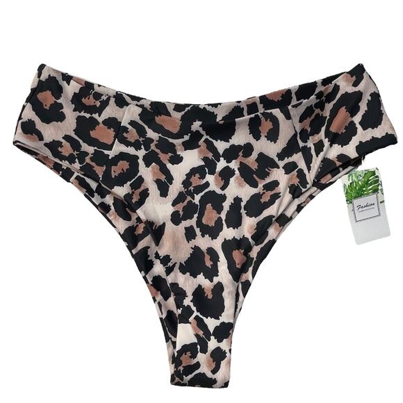 Leopard Print Large Bikini Bottoms High-Waisted High-Cut - Picture 1 of 5